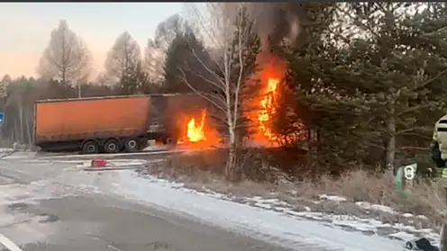 На федеральной трассе в Иркутской области из-за перегрева тормозов загорелась фура
